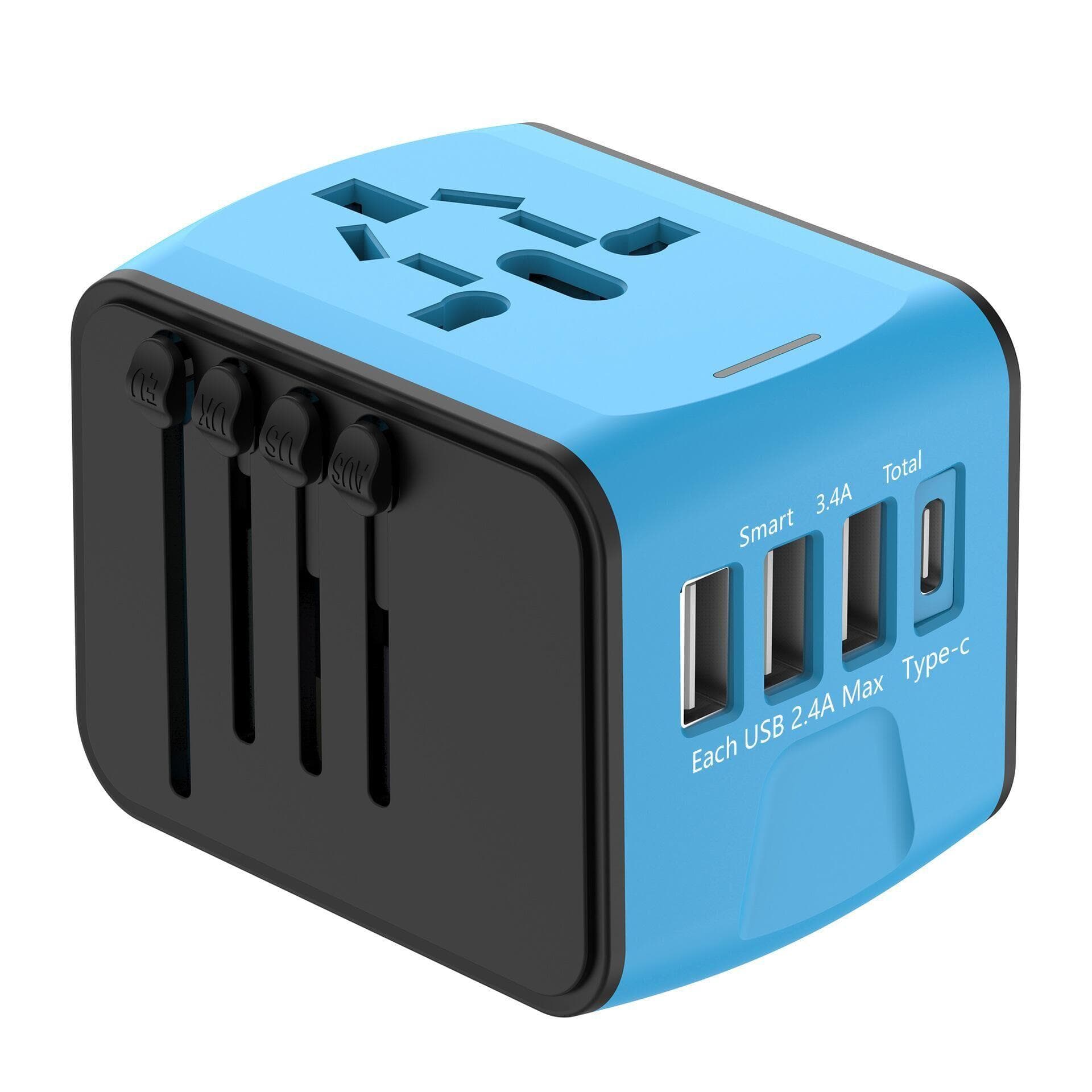 Universal Travel Adapter International Power Adapter 3 USB Ports + 1 TypeC Port + Worldwide AC black/blue