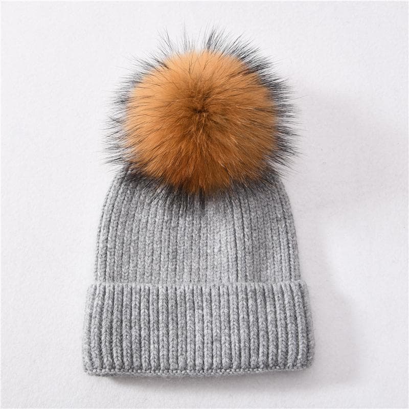 Jaxmonoy Cashmere Knitted Beanie Hat Big Real Raccon Fur Pom Pom Top Beanie High Quality Warm Bonnet Cap Female Hats for Woman