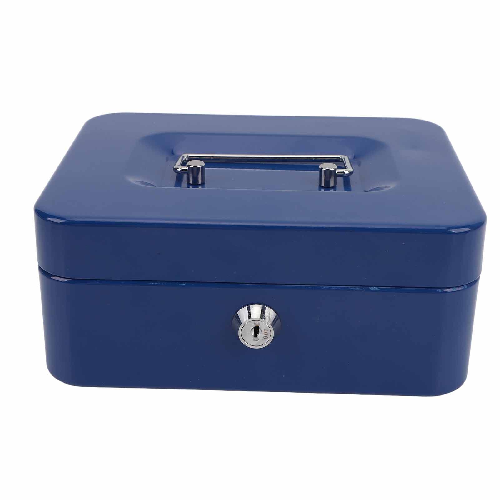 Small Locking Cash Box Portable Double Layers Safe Metal Money Box for Home and Office Blue