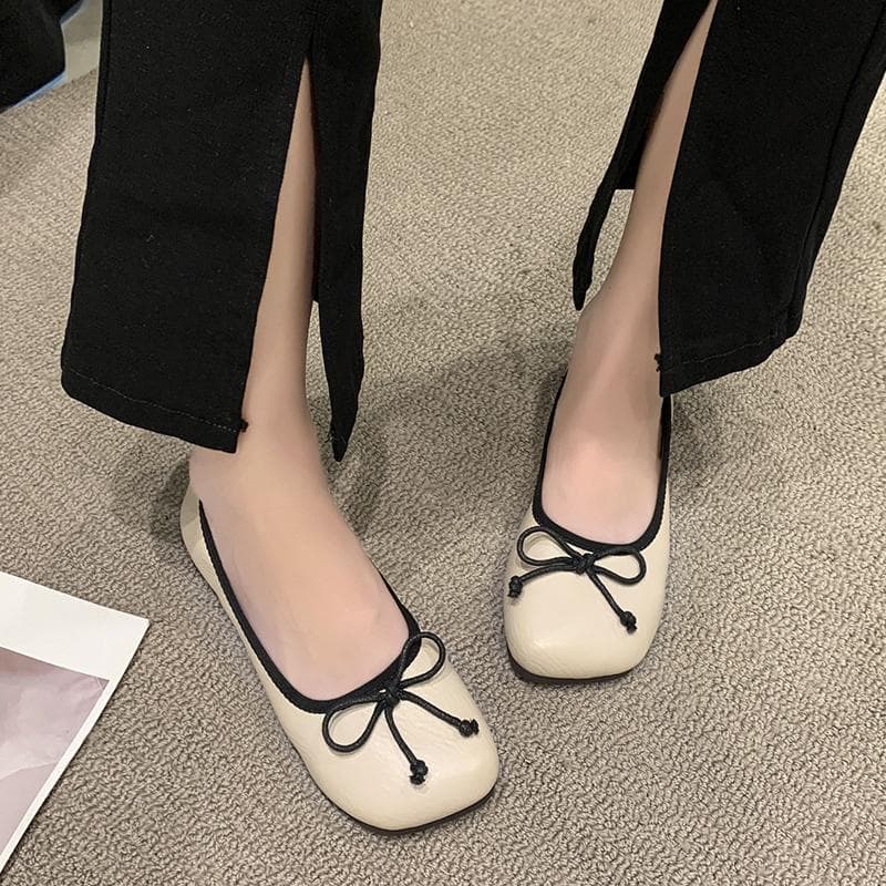 Elegant Bow Tie Ballerinas Woman Patent Leather Flats Shallow Slip on Shoes Ladies Round Toe Ballet Dress Daily Loafers 40 beige