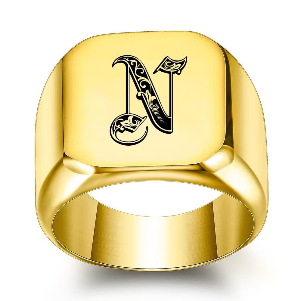 Retro Initials Signet Ring for Men Bulky Heavy Stamp Male Band Stainless Steel Letters Jewelry 5
