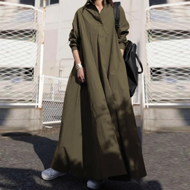 ZANZEA Plus Womens Casual Turn Down Collar Long Sleeve Shirt Dress army green