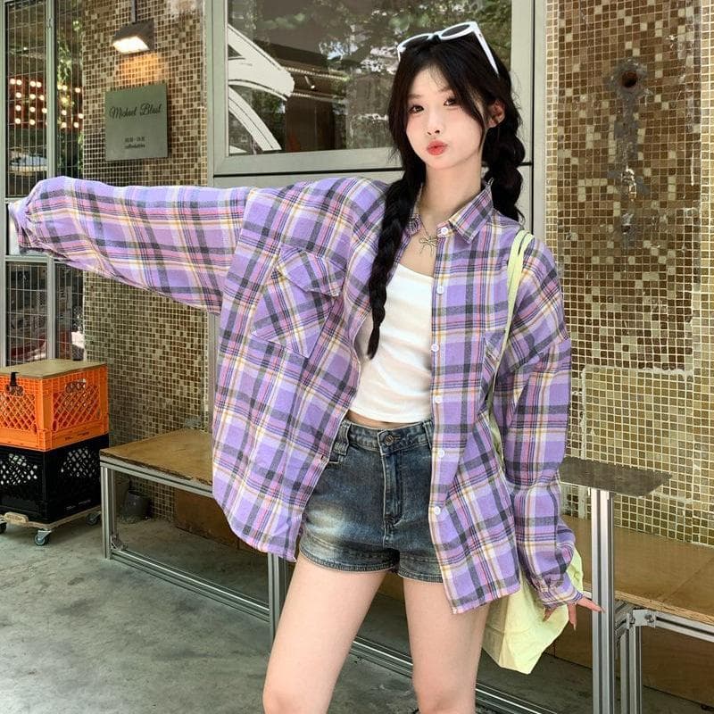 Sweet Girl Retro Plaid Casual Long-sleeved Shirt for Women In Spring and Autumn New Chic Loose Design Shirt 2XL purple
