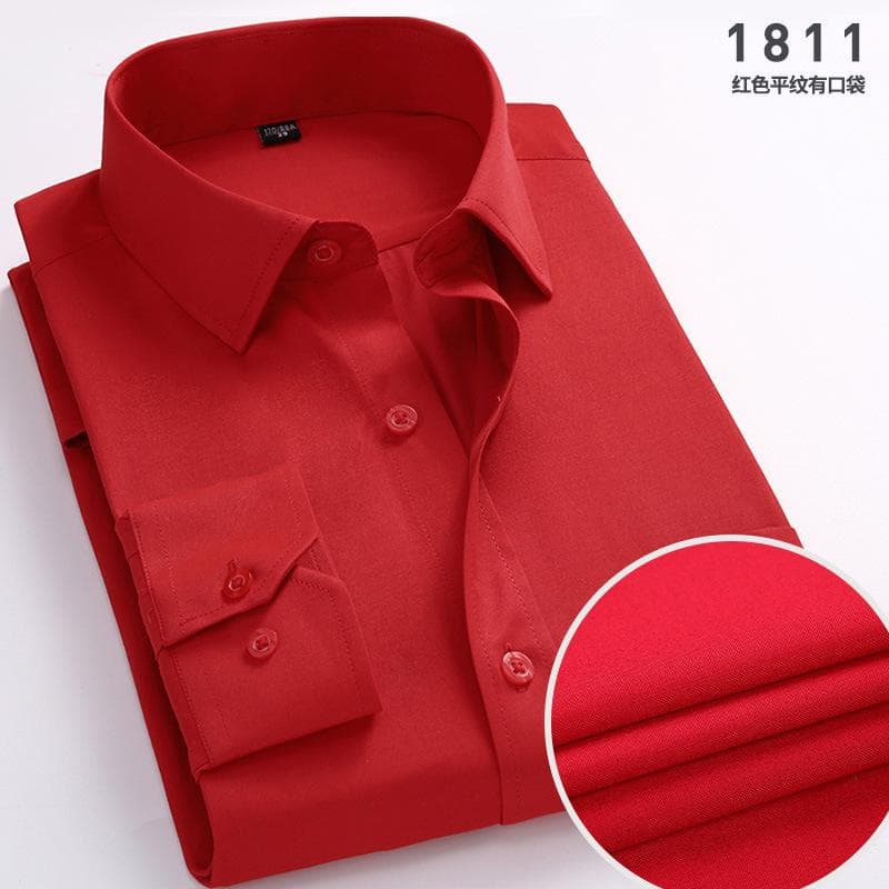 Men's Spring Autumn Shirt Solid Turn Down Collar Top Long Sleeve Business Dress Shirt 39 red