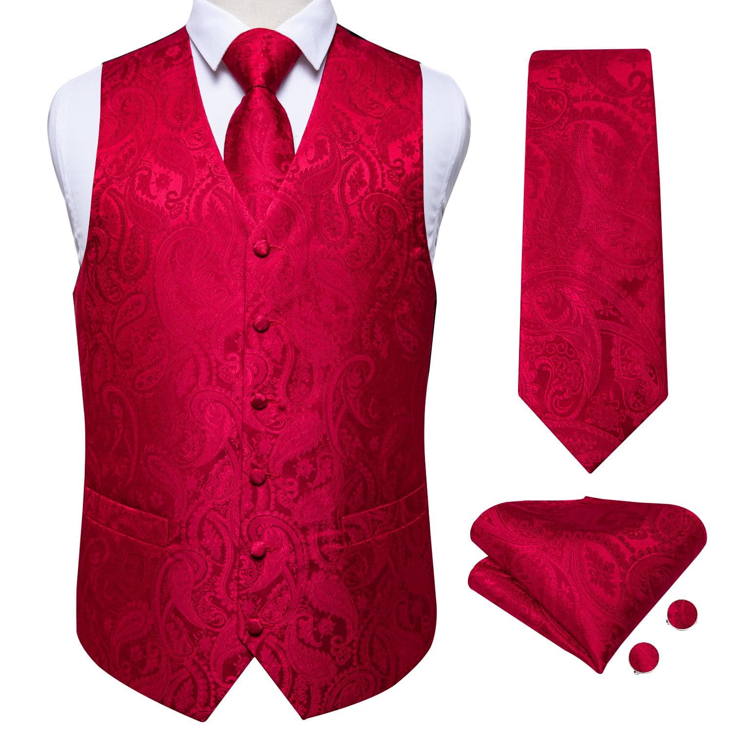 Dibangu Mens Yellow Paisley Vest Suit Waistcoat Hanky Cufflinks Tie Set Wedding M