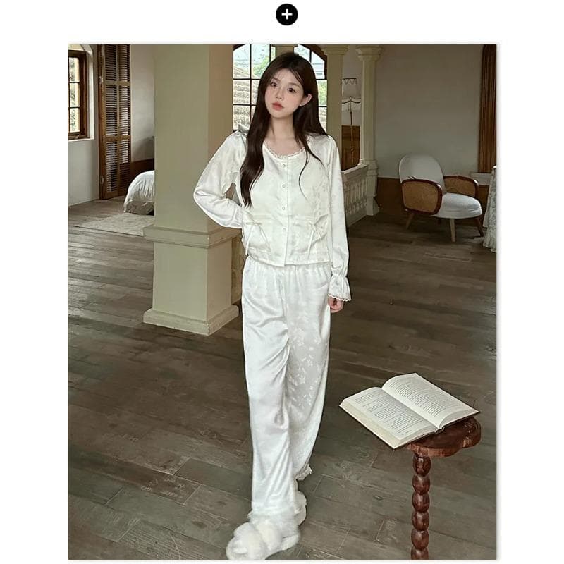 French Style Pure Desire Sling Pajamas Three-Piece Set Spring and Summer Ice Silk Long Sleeve Trousers Thin Casual Home Clothes XL beige