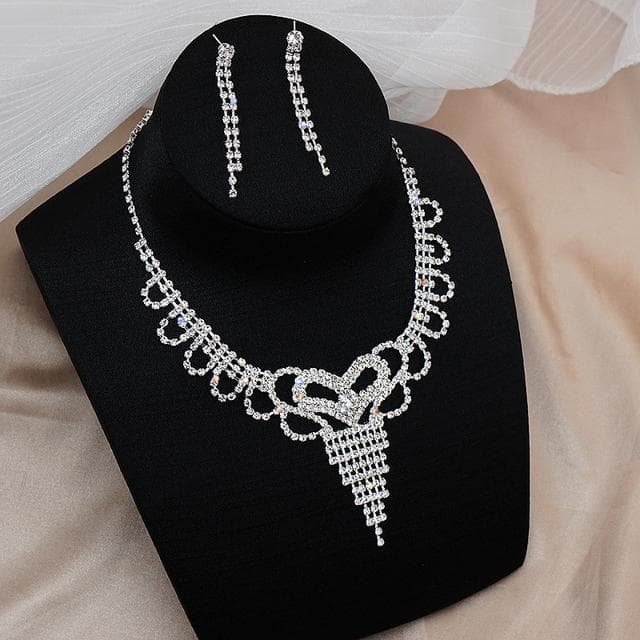 Ladies Jewelry Set New Simple And Versatile Bridal Wedding Dress Necklace Earrings Two -Piece Korean Rhinestone Wedding Necklace