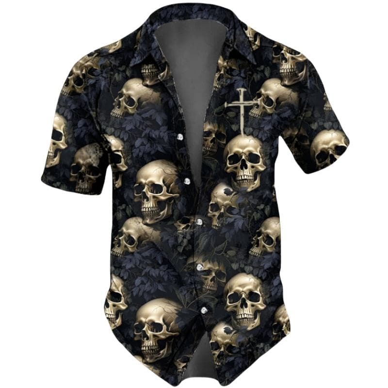 Horror Skulls Print Men's Shirts Summer Hip Hop Style Short Sleeve Lapel Shirts For Men Streetwear Hawaiian Beach Holiday Shirt M