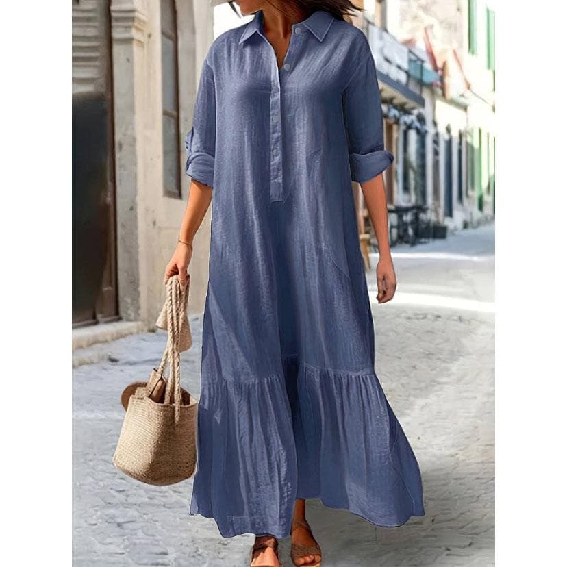 Summer Cotton Linen Women Dress Black Loose Long Sleeve Shirt Dresses Female Summer Casual Oversize Elegant Clothes Ladies L royal blue