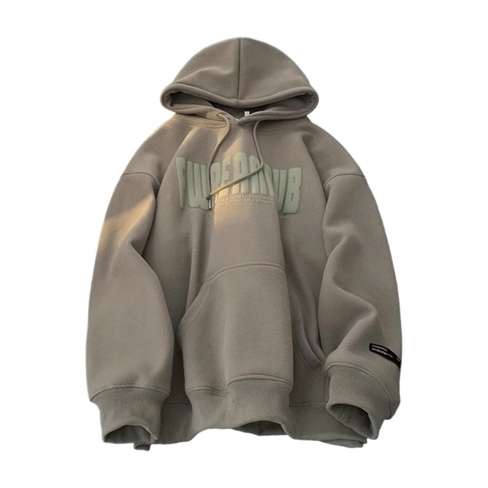 Men Fall Winter Hoodie Letter Print Drawstring Elastic Cuff Thick Plush Big Patch Pocket Hooded Loose Keep Warm Mid Length Top XXL light green