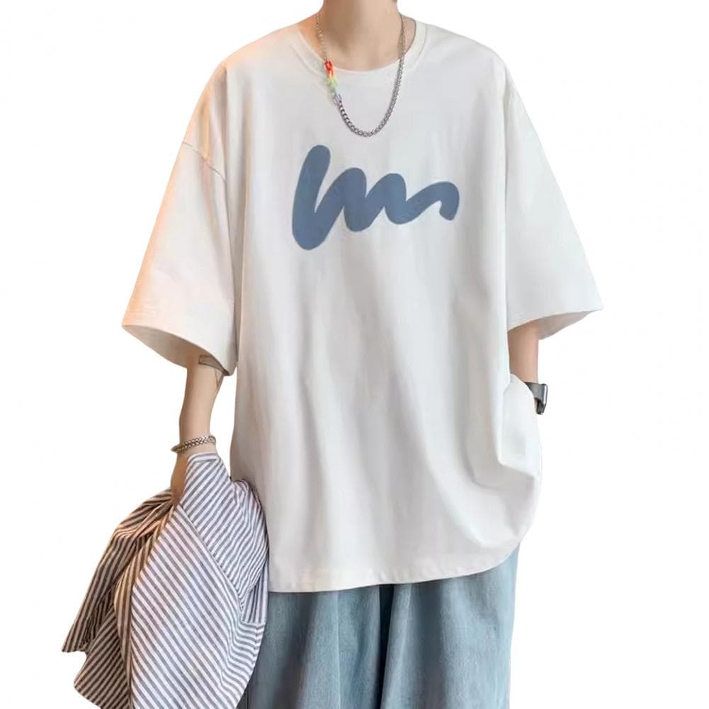 Summer Men T-shirt Mid Sleeves Round Neck Loose Fit Plus Size Solid Color Printed Mid Length Casual Pullover Daily Homewear Spor M white