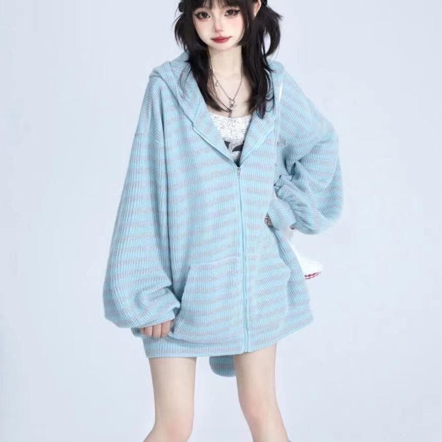 Y2k Autumn Cute Loose Stripe Rabbit Ear Knitted Hoodies Women Hooded Zip Up Sweatshirts Cardigan Coat Kpop Kawaii Clothes One size blue
