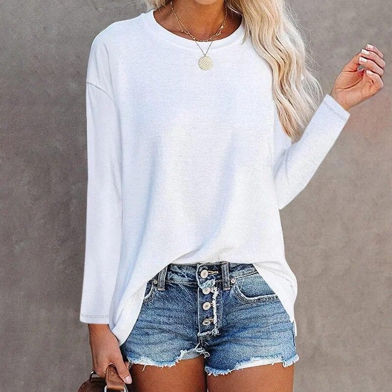 Elegant Solid Color Long Sleeved Cotton T-shirt Tops Women O Neck All Match Harajuku Y2K Female Clothes Loose Casual Tees Femme S white