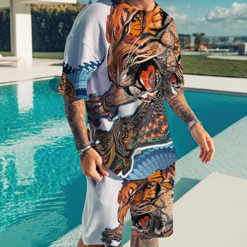 Summer Thin Men's O-Neck Short Sleeves+Shorts Flame Lion Face 3d Printed Pattern Fashion Leisure Loose T-Shirt Set Sports Suit 2XL