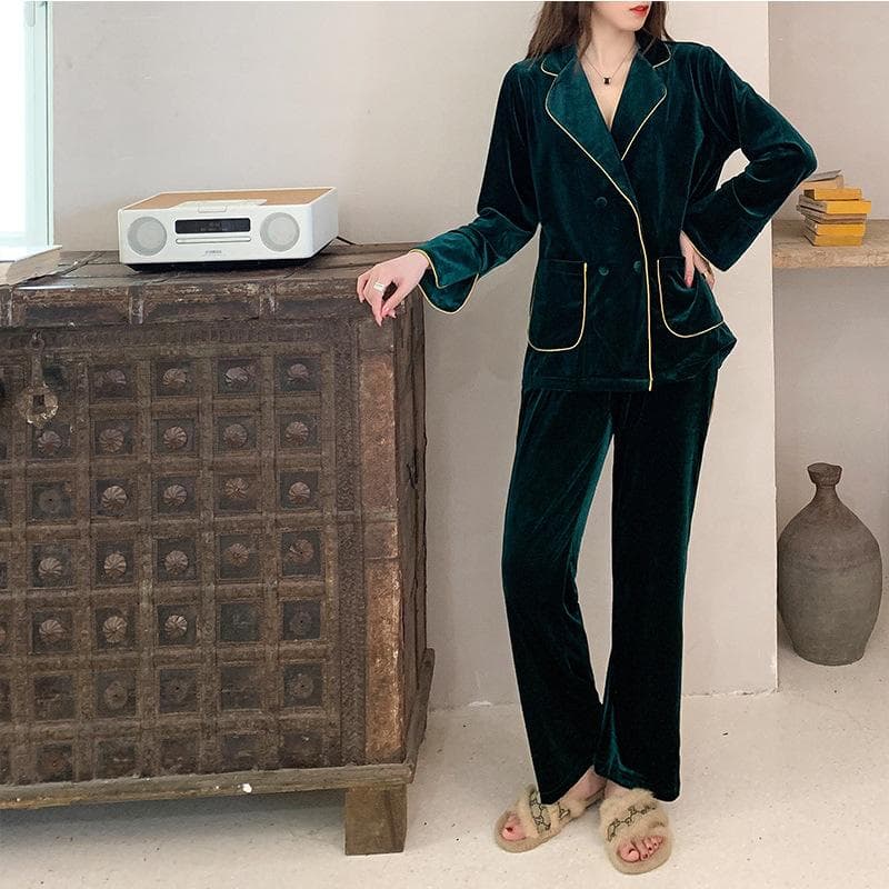 Women's Home Clothes Sleepwear Velvet Warm Long Sleeved Pajamas Sexy Flip Collar Loungewear Autumn Winter Velour Nightwear M green
