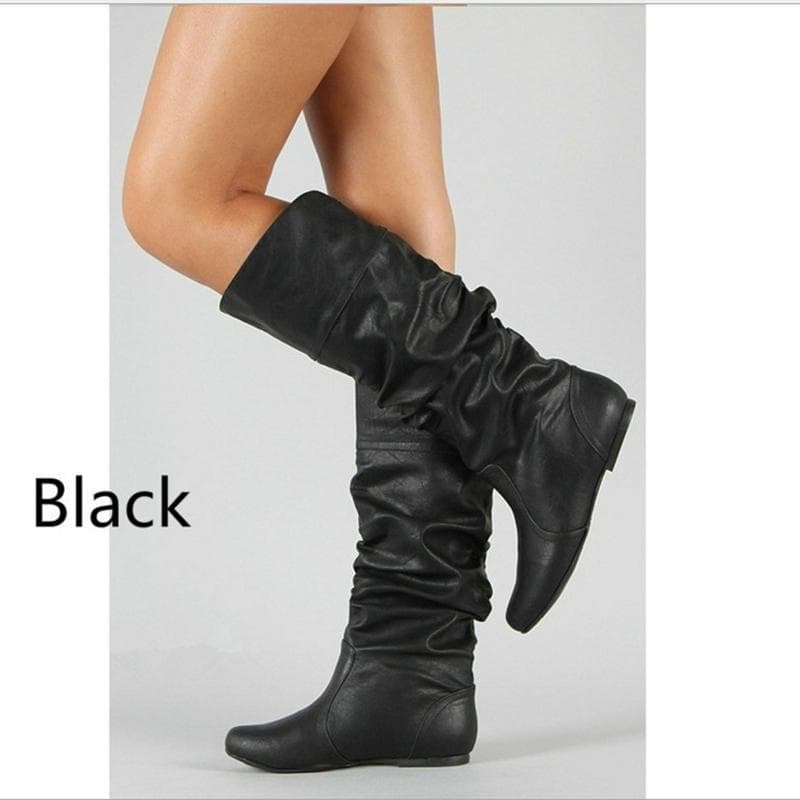 Women Leather Mid Calf Boots Casual Slip On Autumn Winter Wedge Long Fashion Pleated Round Toe Black High Female 36 black
