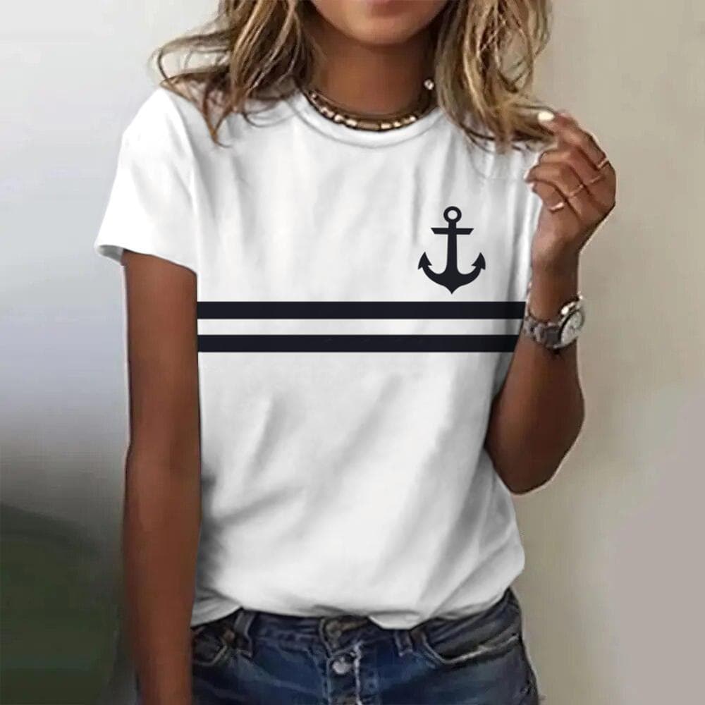 Summer Women T Shirt 3d Print Boat Anchor Print Fashion O Neck Short Sleeve Tees Tops Pullover Women's Casual Loose T-Shirt Y2k Clothing XL