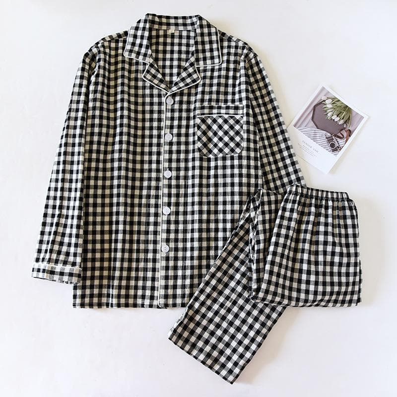 New Japanese Spring and Autumn Couple Pajama Set 100% Cotton Men's and Women's Plaid Long Sleeve Two Piece Home Furnishing M