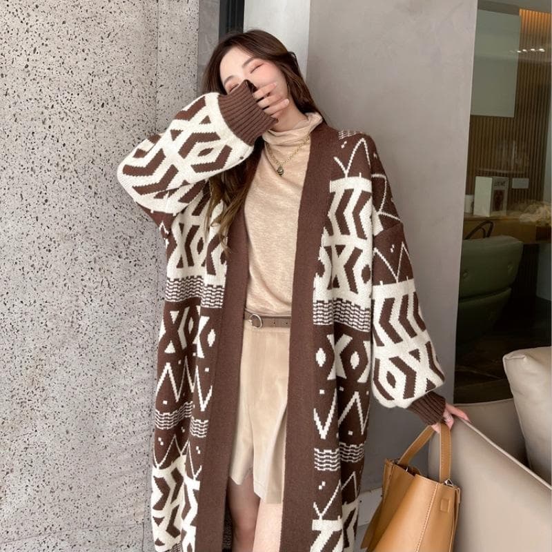 Women's Sweaters Mid-length V-neck Diamond Pattern Knitted Cardigans Autumn Winter Loose Wool Knit Coats Lady Outerwear One Size dark brown