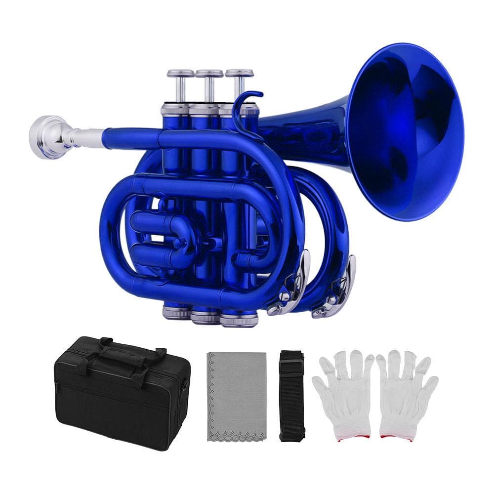 Pocket Trumpet Bb Flat Brass Material Wind Instrument w/Cleaning Cloth Case blue