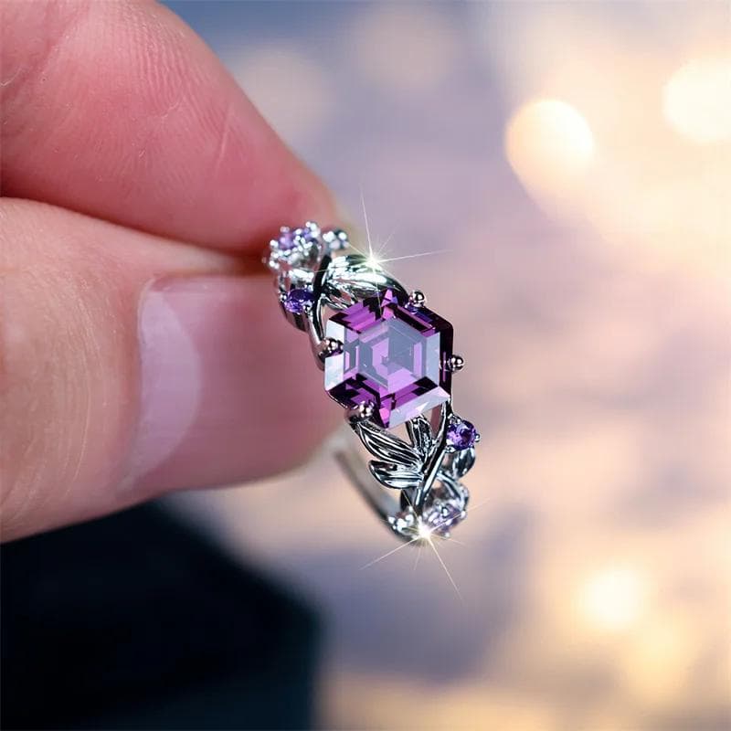 Purple Inlaid Hexagon Cubic Zirconia Ring for Women Vintage Delicate Silver Color Wedding Ring Jewelry Gift 8 purple