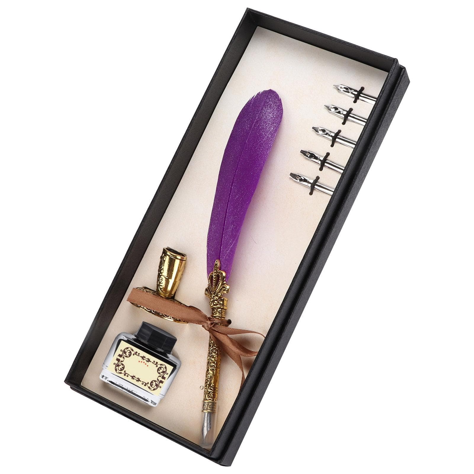 Feather Pen Set Vintage Ink Carved Metal Pen Writing Suit for Business Gift Table DecorationSky dark purple