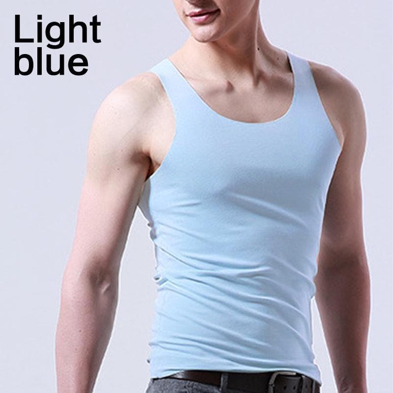 1PC Casual Slim Tight Undershirt Men's Seamless Ice Silk Tank Bouncy Top Solid Elastic Fashion M blue