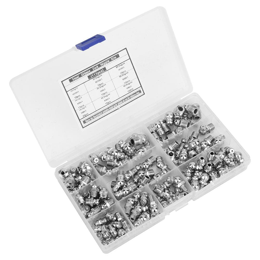 115Pcs Steel Grease Zerk Nipple Fitting AntiCorrosion AntiRust M6 x 1 M8 x 1 M10 x 1