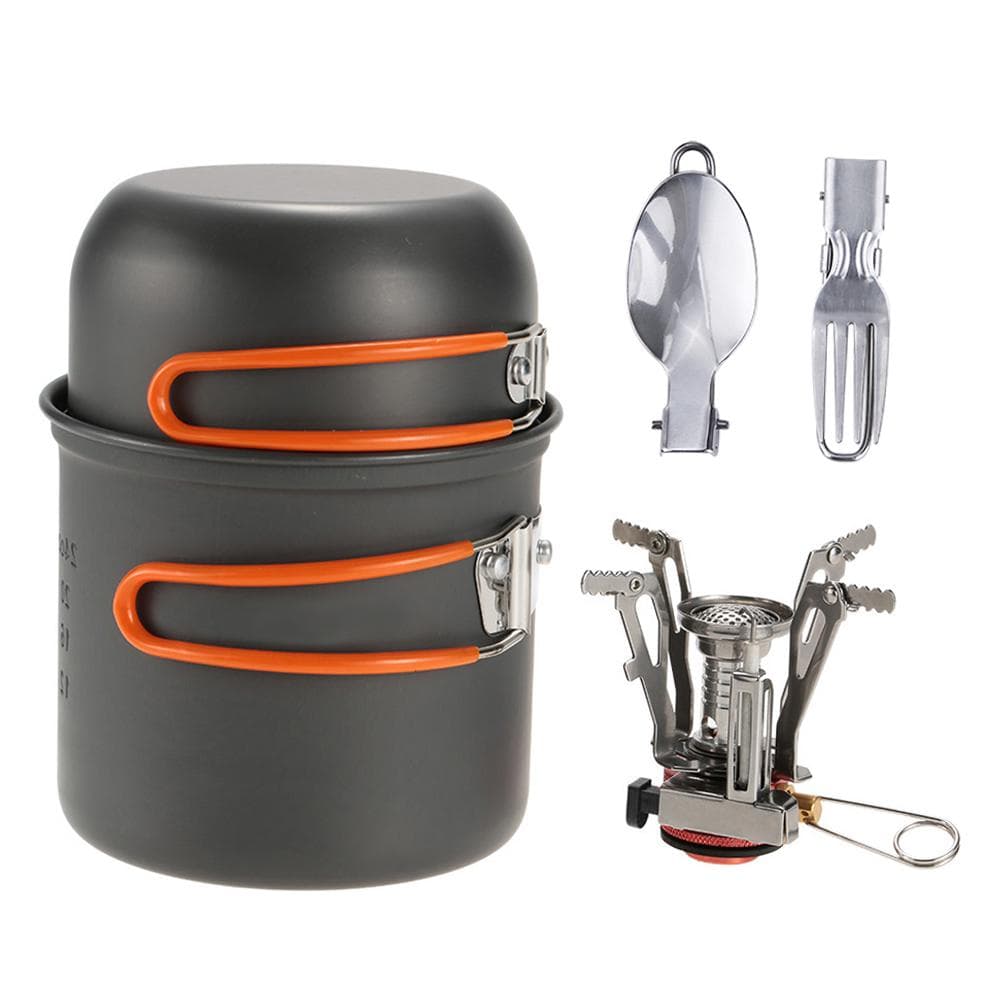 Outdoor Camping Hiking Cookware with Mini Camping Piezoelectric Ignition Stove Backpacking Cooking