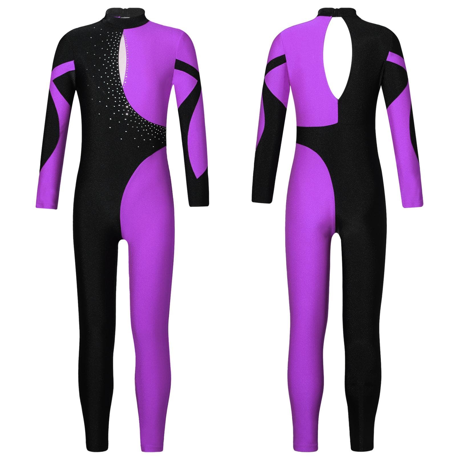 Gymnastics Jumpsuits Kids Shiny Rhinestone Ice Skating Bodysuit Girls Long Sleeve Ballet Dance Full Body Leotards Unitards 7-8 Years purple
