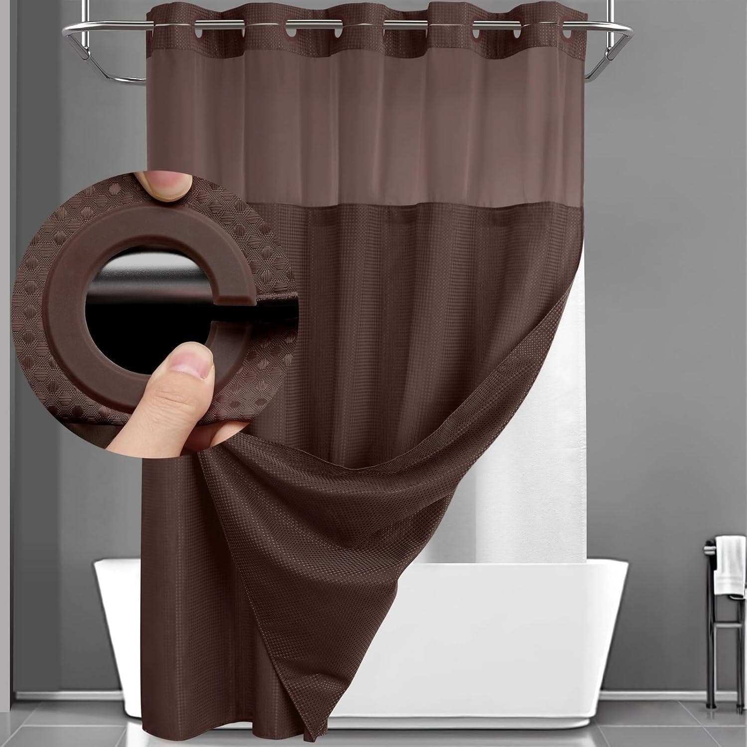 Hookless Shower Curtain Set Double (with Liner) Removable White Shower Curtain 183*190cm brown