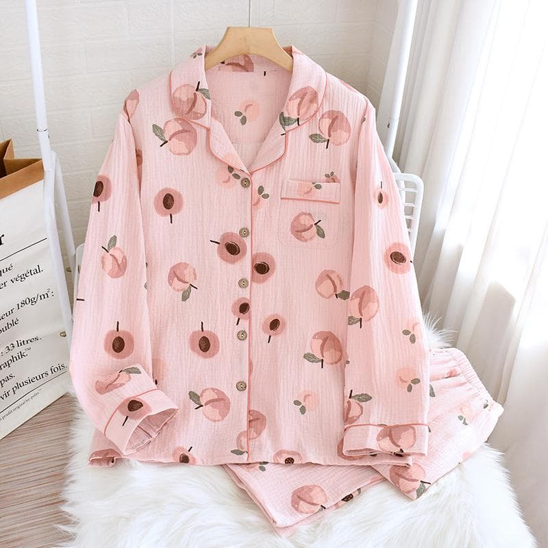 Peach Blossom Print Pajamas Spring and Autumn New Sweet and Cute Home Clothes Set Cotton Lapel Pajamas Loose Home Clothes Pajamas M pink