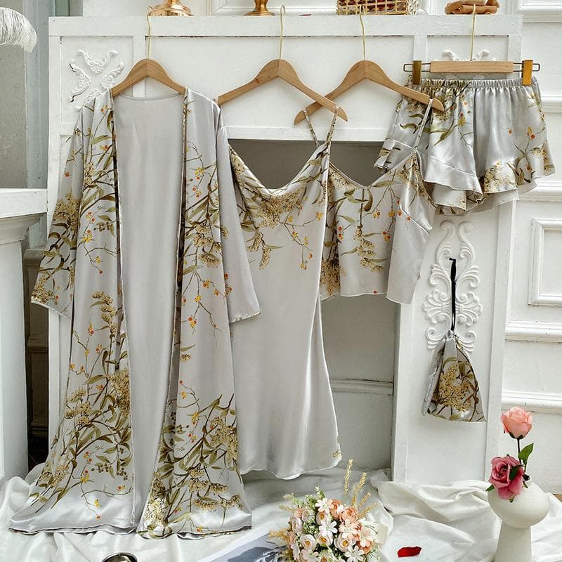 Women's Long Bathrobe Set Silk Spring Autumn Floral Print Ladies Dressing Gown 4 Pieces Set Nightdress Summer Satin Pajama L grey
