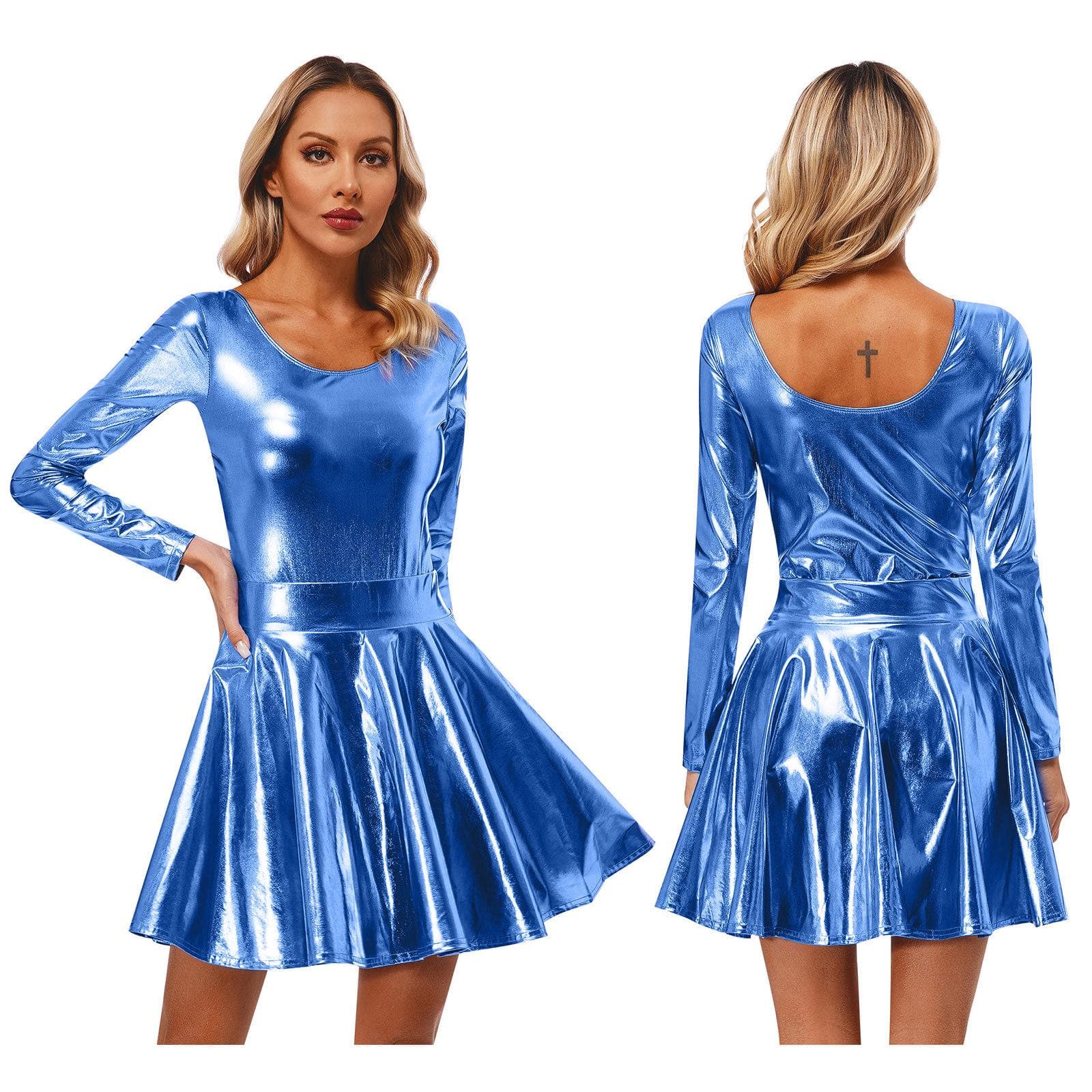 Women's Shiny Metallic Gymnastics Leotard and Pleated Skirts Athletic Dancewear M blue