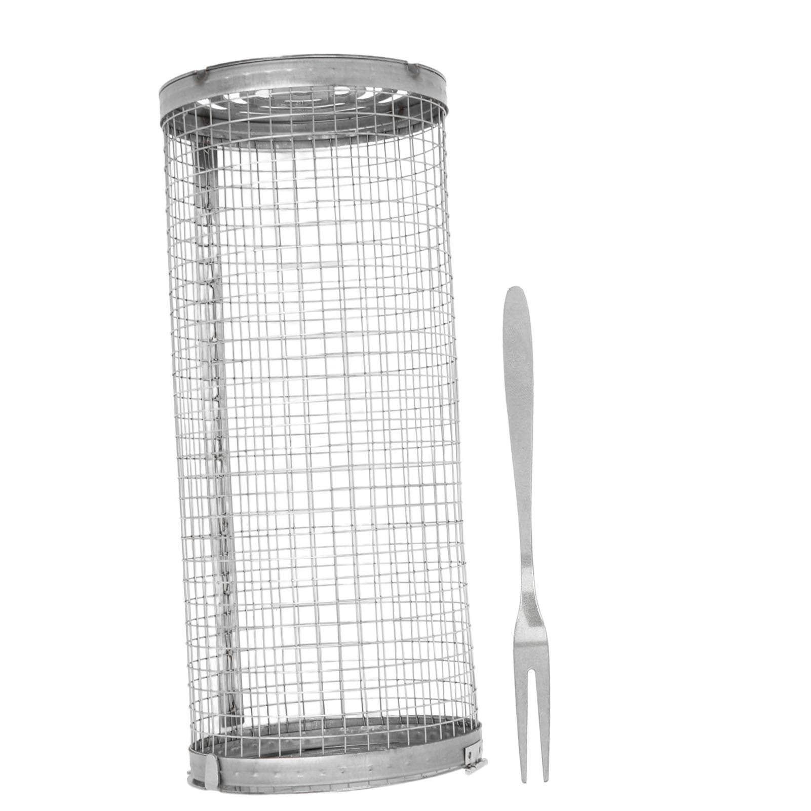 Rolling Barbecue Basket Open Grid Stainless Steel Wire Mesh Cylinder Grill Basket for Fish L(for 6.5-9kg)