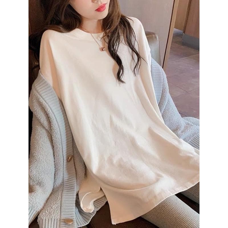 New Autumn and Winter Style Plush Long-sleeved T-shirt for Women's Mid-length White Inner T-shirt Loose Cotton Base Top XXL