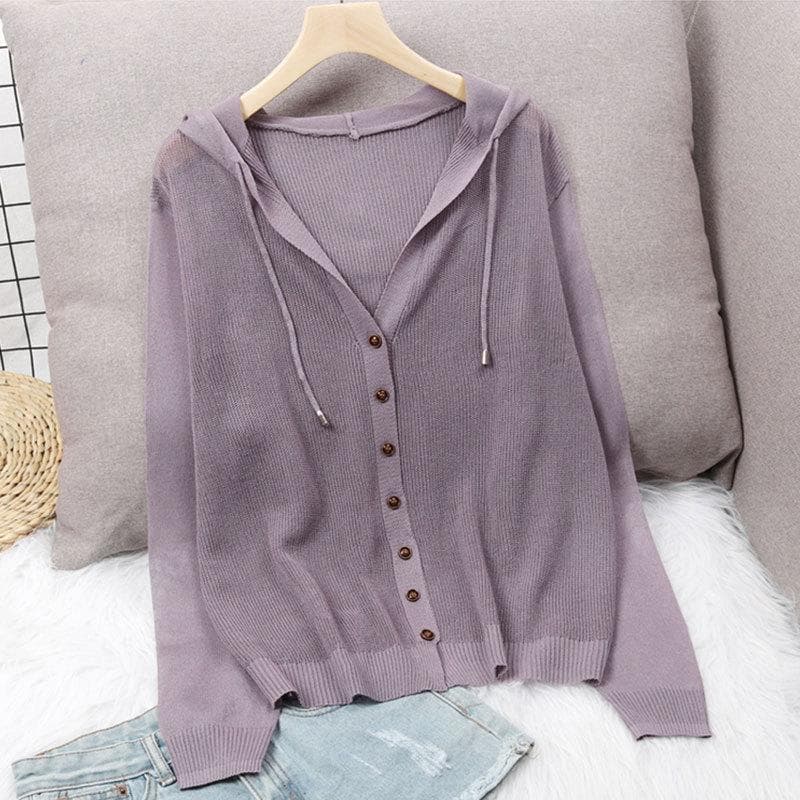 Hooded Ice Silk Summer Knit Cardigan Jacket Women's Top Loose Thin Section Hollow Sunscreen Outer Wear L purple