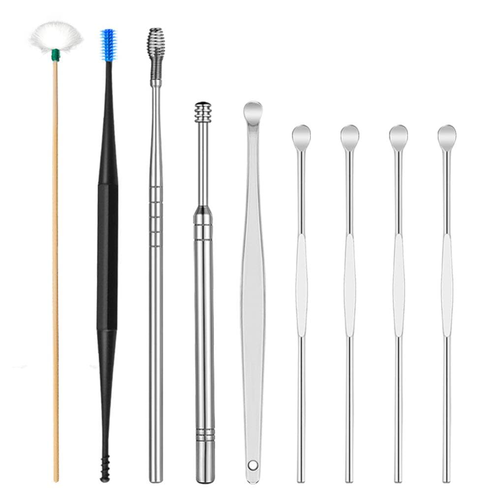 9pcs/set Ear Cleaner Kits Stainless Steel Earpick Wax Remover Curette Goose Feather Ear Pick Ear silver