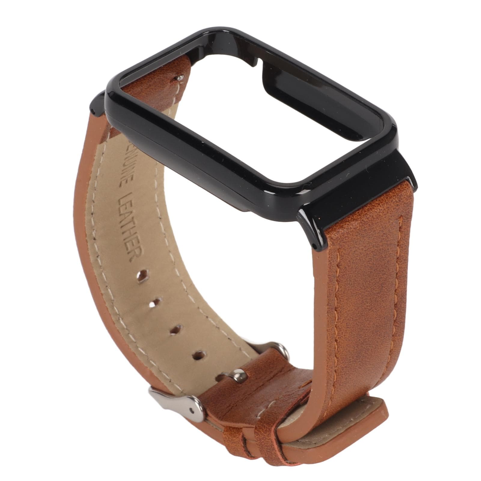 PU Leather Watch Band Waterproof Replacement Watch Wristband with Black Stainless Steel Case for Mi brown