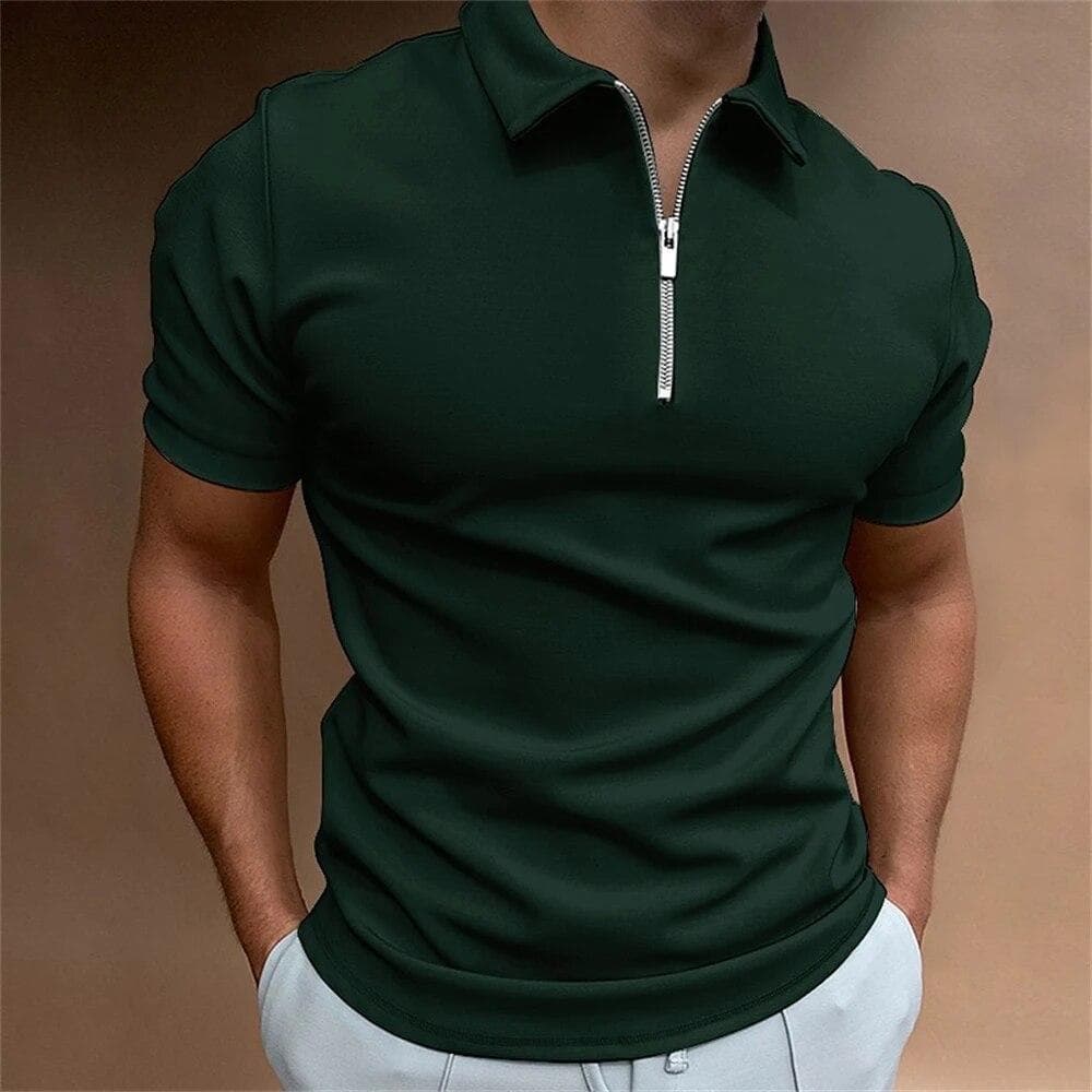 Simple Polo Shirt For Men Solid Golf Clothing Daily Casual High Quality Zip Polo Shirts Summer Breathable Quick Dry Men Clothing 2XL dark green