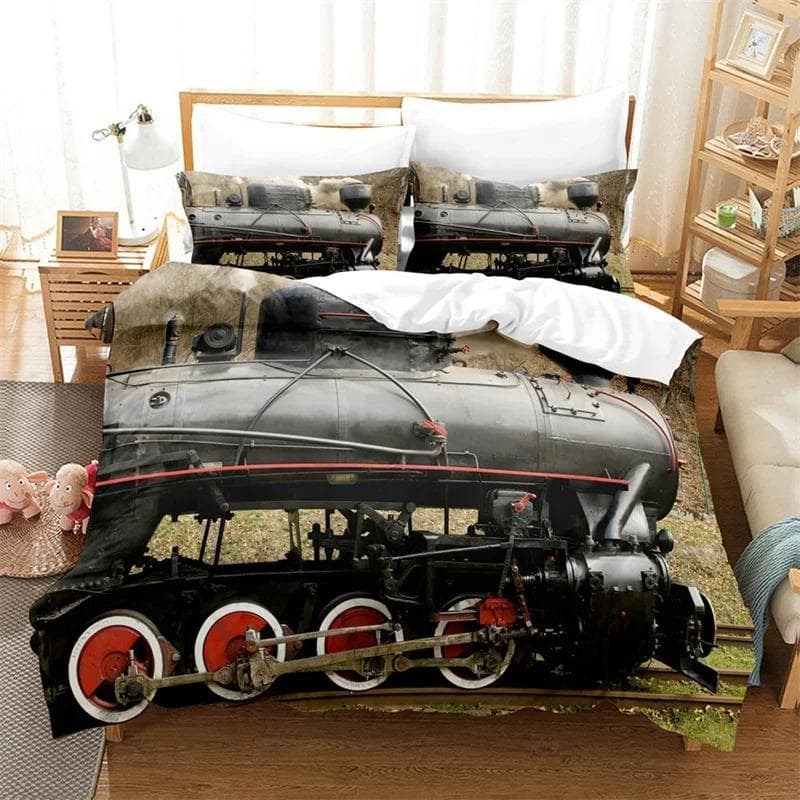 3D Train Steam Engine Bedding Set,Duvet Cover Comforter Bed Set Quilt Cover Pillowcase,King Queen Twin Size Boys Girls Adults 155x220cm 3pcs
