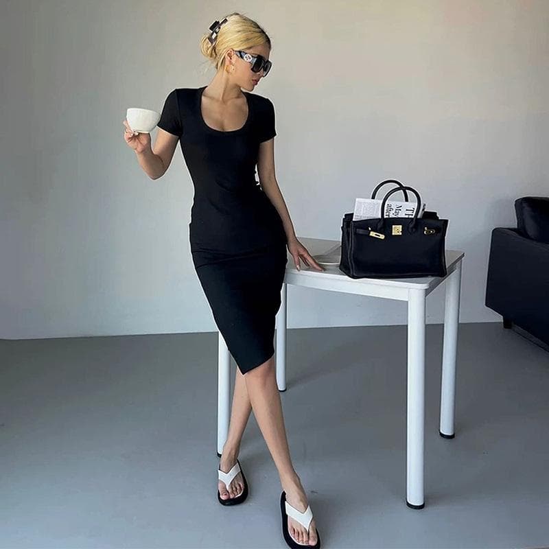 Women's Round Neck Short Sleeve Regular Slim Hip Skirt with Slit Men's Dress Summer L
