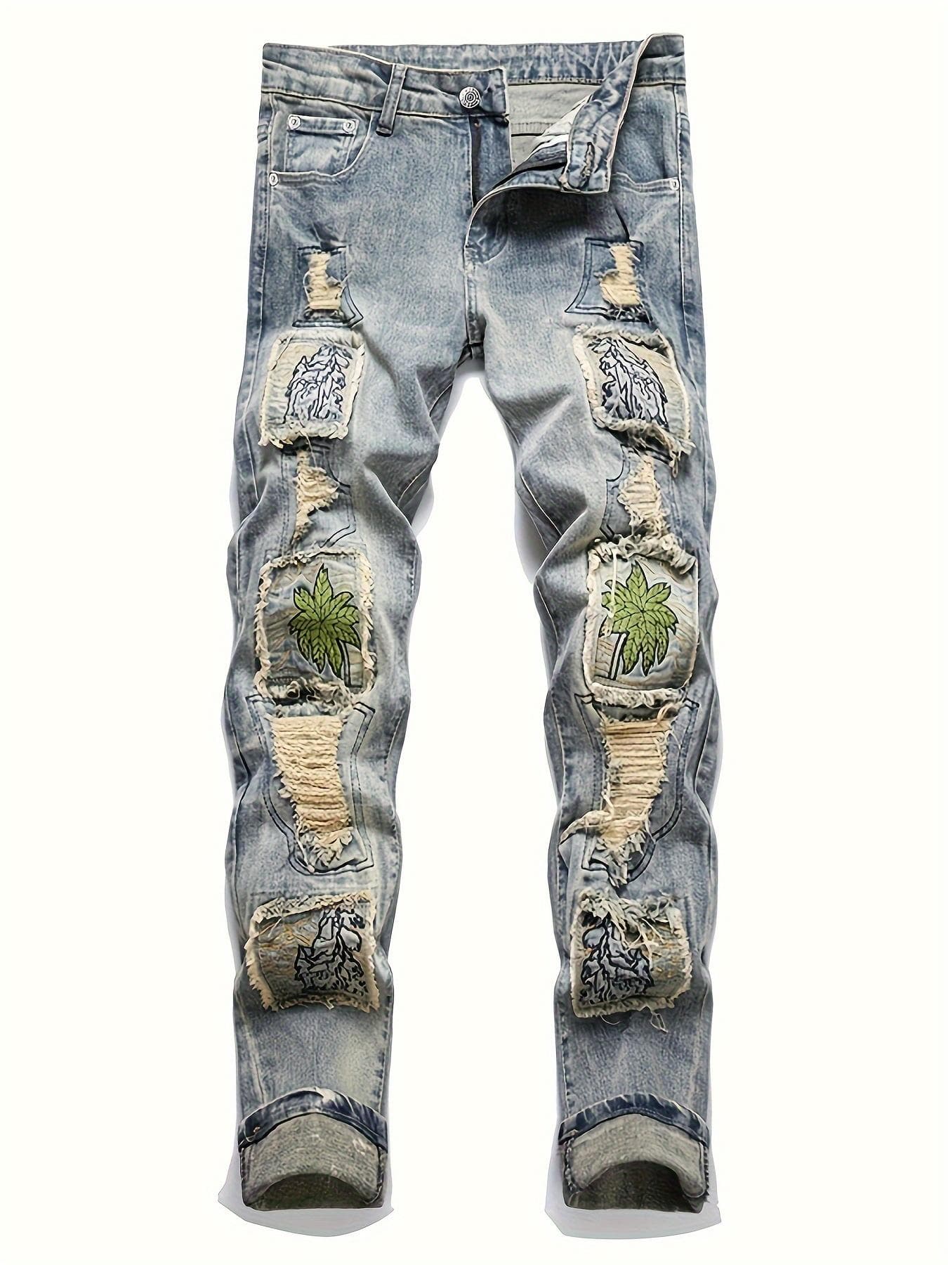 Punk Hip Hop Style Men's Novelty Ripped Patched Embroidery Trendy Comfy Denim Jeans With Pockets For Spring Summer Fall 38 blue