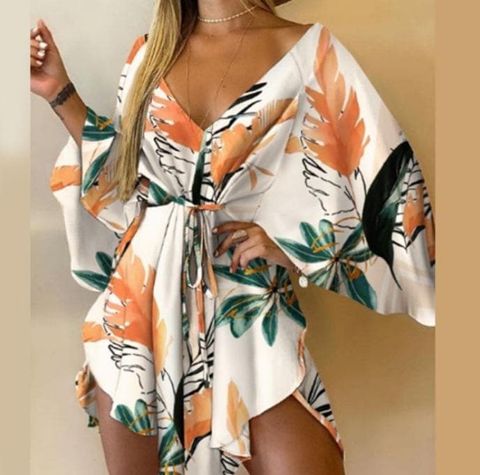 Summer Women's Sexy V-Neck Irregular Bat Sleeve Tie Dress M