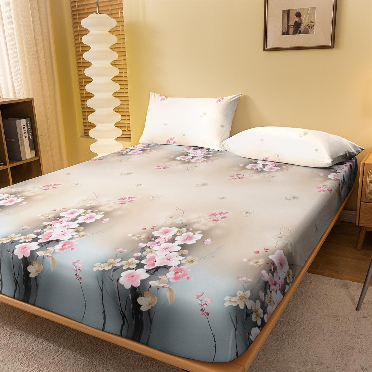 1 Simple Modern Plant Flower Printed Matte Fitted Sheet, Bedroom Printed Bed Cover, Bedding (Excluding Pillowcases) 100x200cm