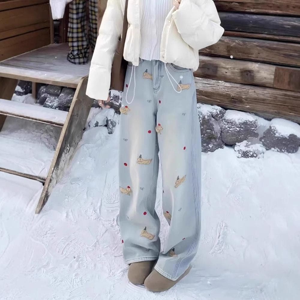 Cartoon Dachshund Dog Embroidery Plus Velvet Wide-leg Jeans for Women In Winter High Waist Slimming Straight Floor Trousers 4XL