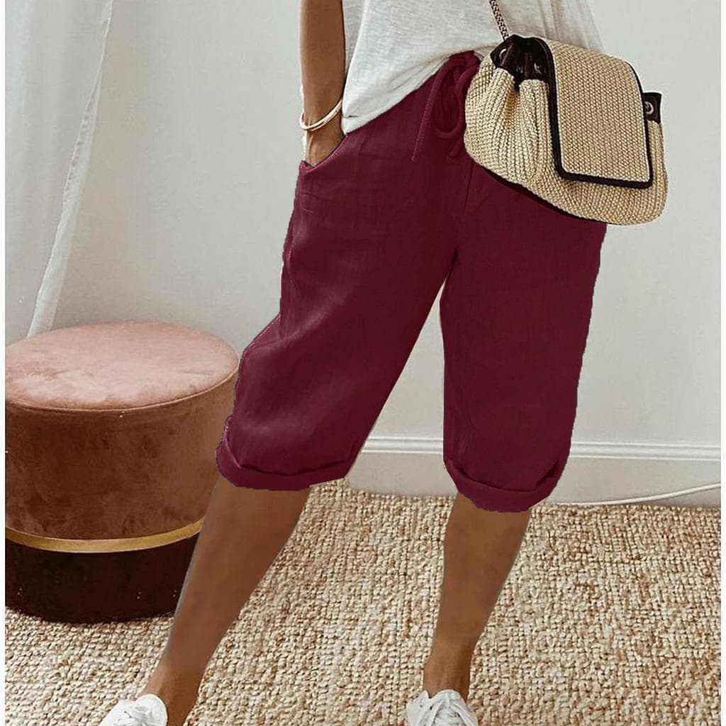 Women Shorts Vintage Style Knee-length Pants with Pockets for Women Breathable Elastic Waist Trousers Solid Colors Five Pants 2XL wine red