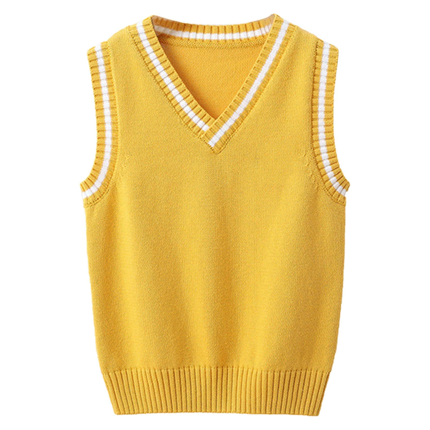 School Uniform Sleeveless V Neck Vest Sweater Waistcoat for Kids Unisex Casual Wear 7-8 Years yellow