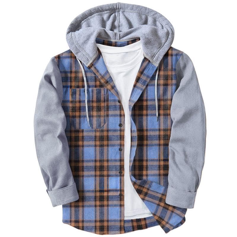 Plaid Men's Shirt Contrast Color Long Sleeve Cardigan Hooded M