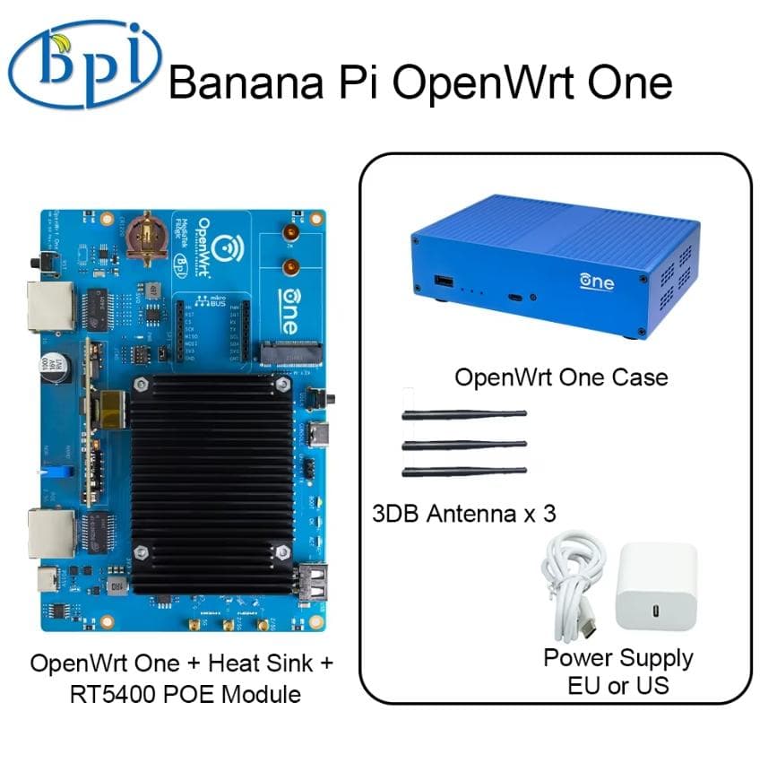 Banana Pi OpenWrt One MediaTek MT7981B 1GB DDR4 2.5GbE RJ45 and Gigabit Ethernet RJ45 256 MiB SPI NAND Open Source Smart Router US Power